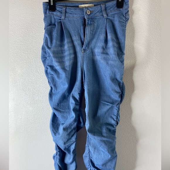 Labijou Boujee Chic Ruche Sides Scrunched Jeans Womens M Medium Blue Stacked - Picture 2 of 16